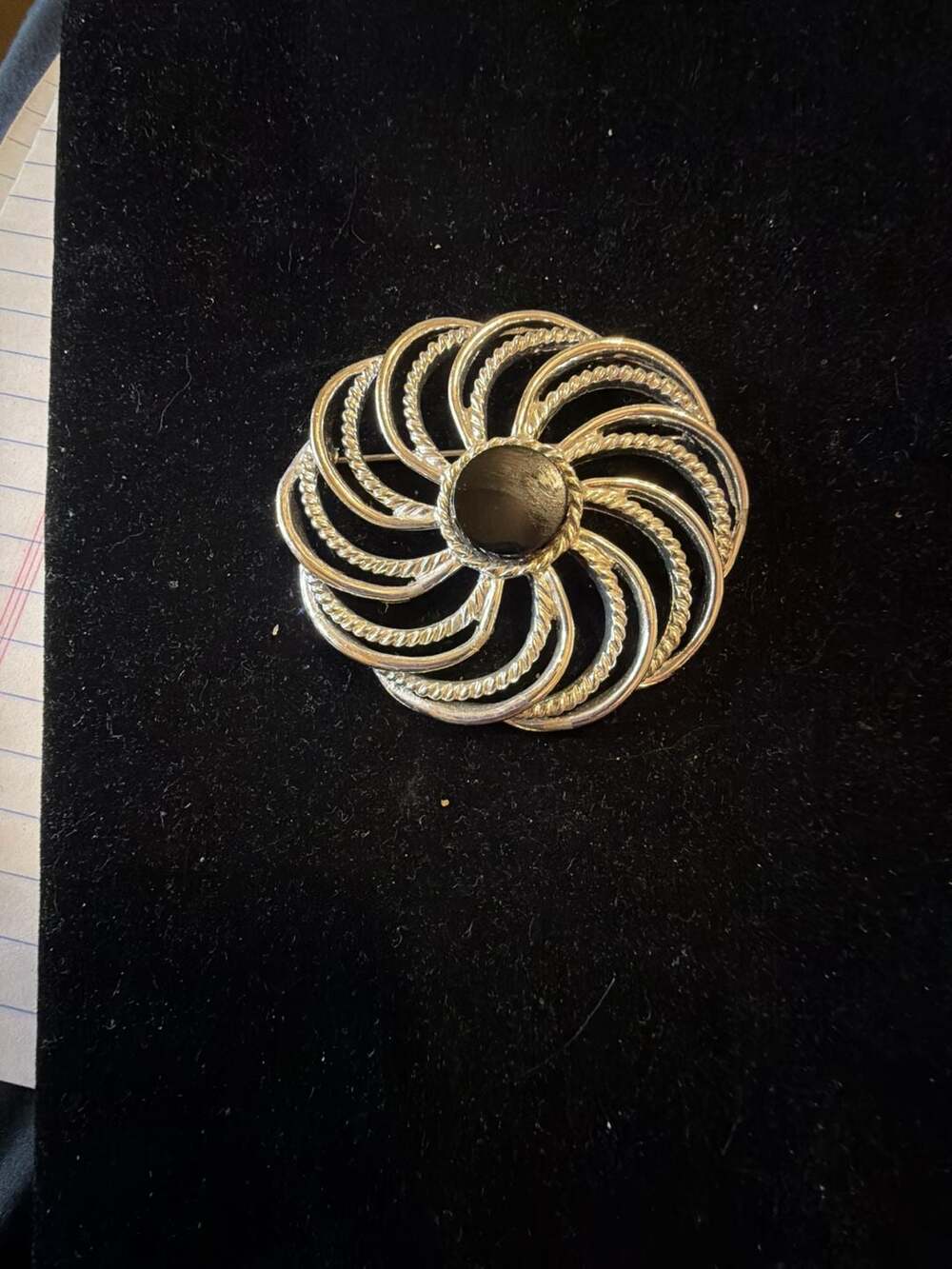 Vintage Sarah Coventry Mystic Swirl Brooch Silver Tone With Black Stone